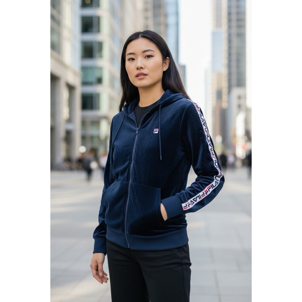 FILA Women's Navy Velour Full Zip Hoodie Jacket Logo Tape Sleeves‎ Size Medium
